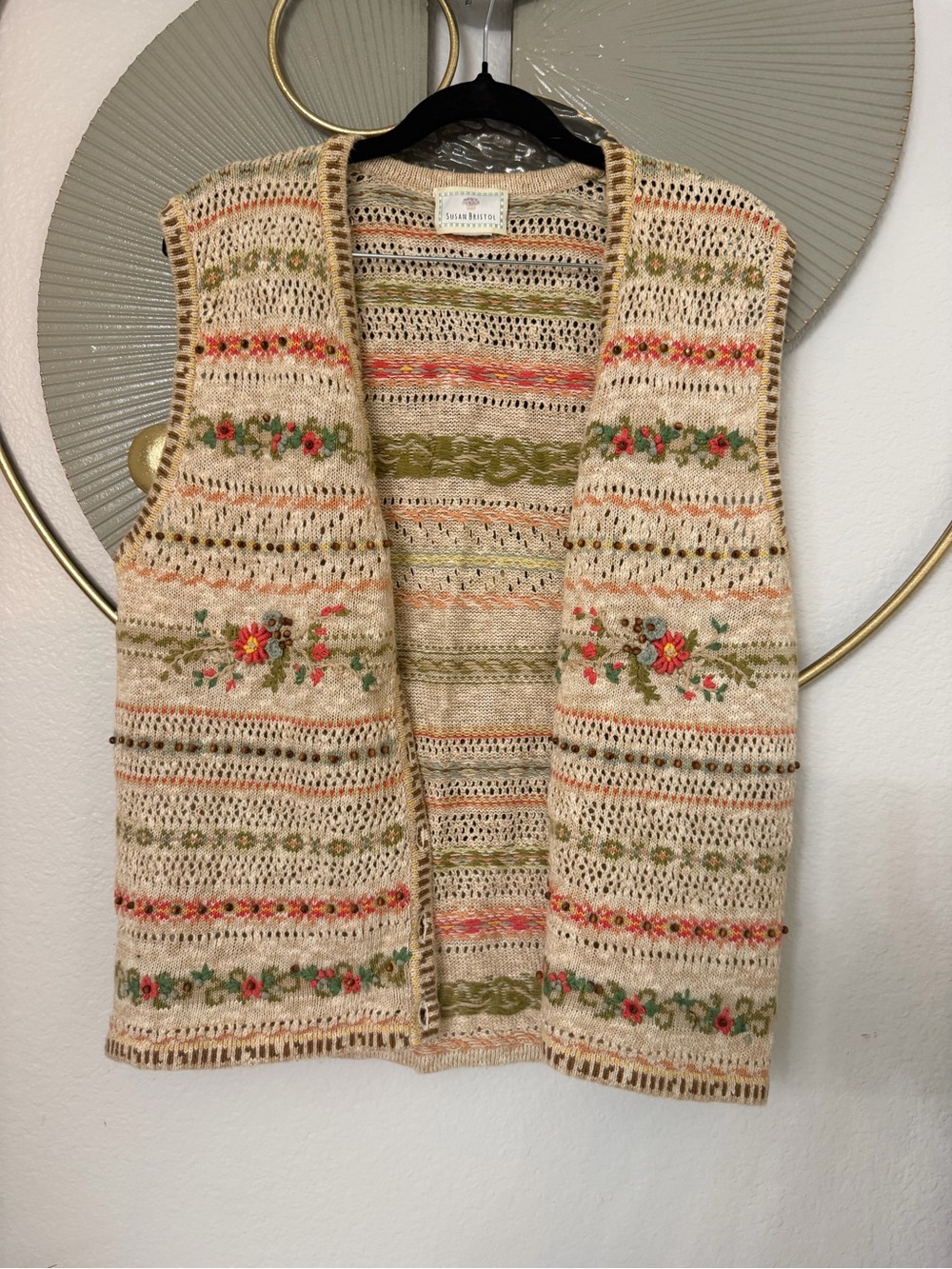 Vintage Susan Bristol Cream Openfront Floral Knit Vest with Olive and Coral Acc